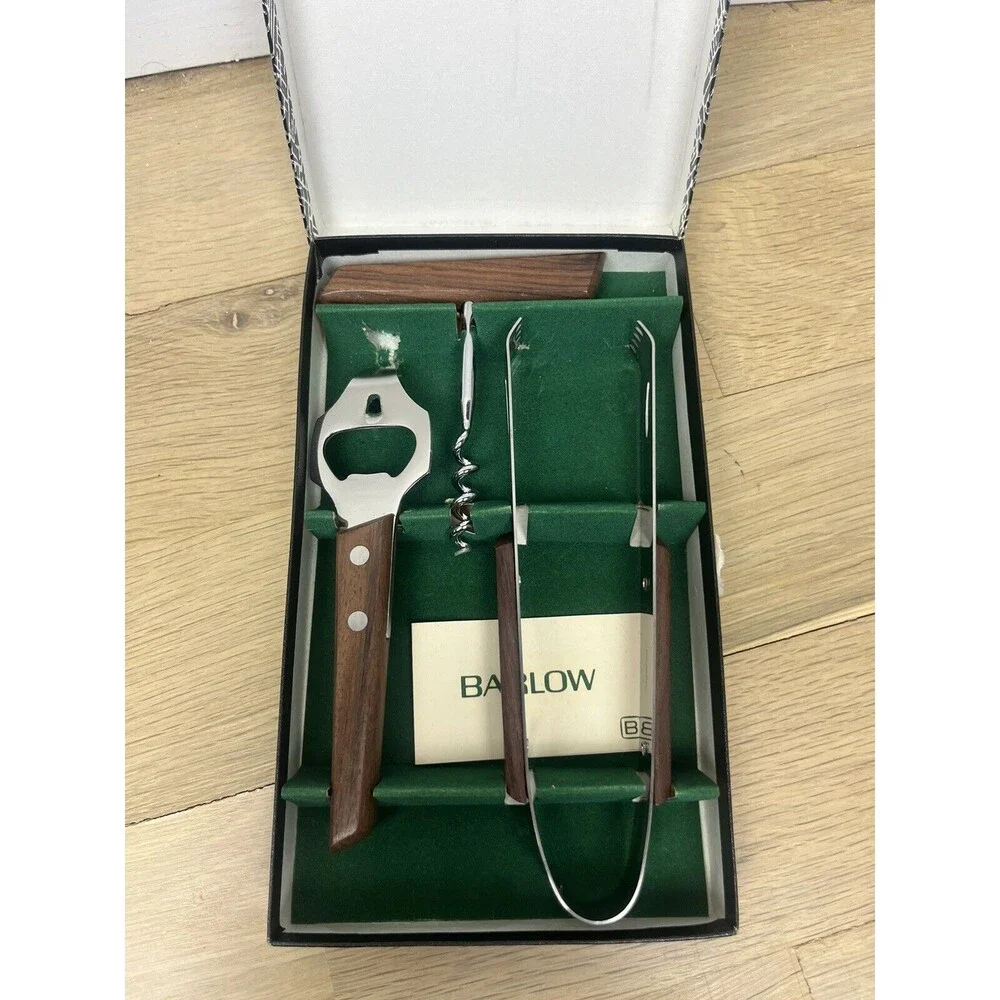 BARLOW NIB Set of 3 Bar Tools in Box Mid Century Wood Handle Stainless Steel